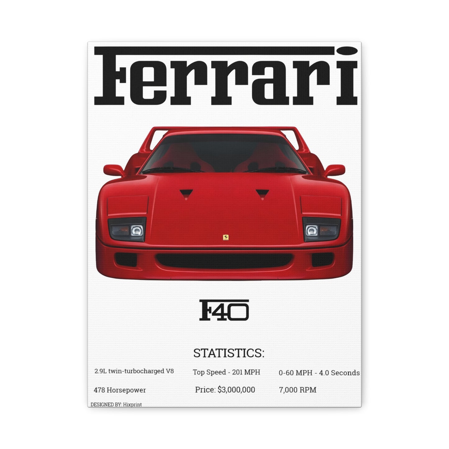 Ferrari F40 Car Poster — Matte Stretched Canvas 1.25" - Hixprint